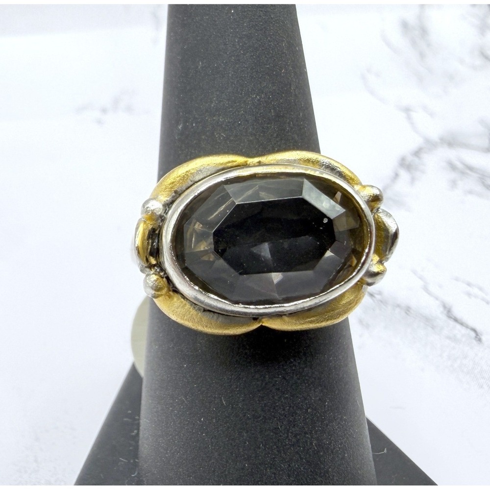 18KGP Two Tone Silver Gold Smoky Gray Faceted Glass Ring Size 7.25 New Unworn